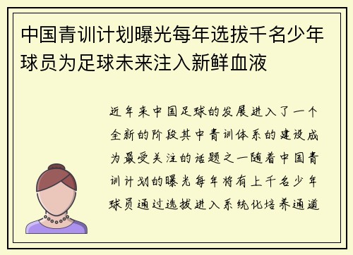 中国青训计划曝光每年选拔千名少年球员为足球未来注入新鲜血液 中国青训计划曝光每年选拔千名少年球员为足球未来注入新鲜血液